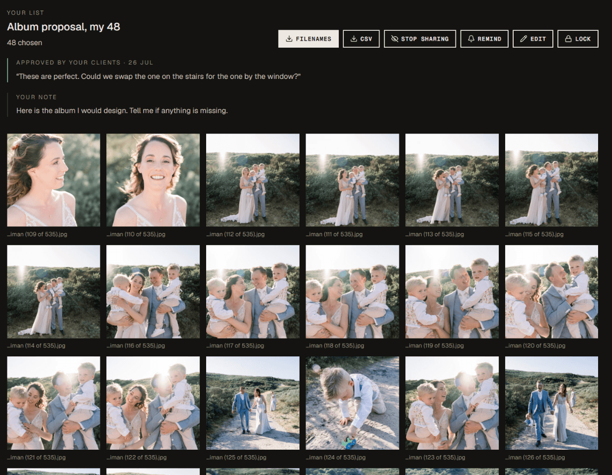 An album proposal marked approved by the clients, with their note quoted above the photos