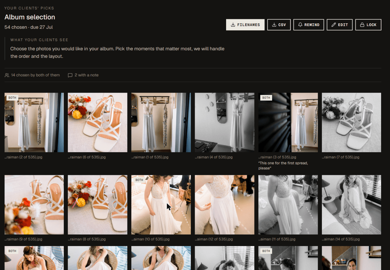 A grid of chosen wedding photos, some marked Both, one carrying a note from the couple