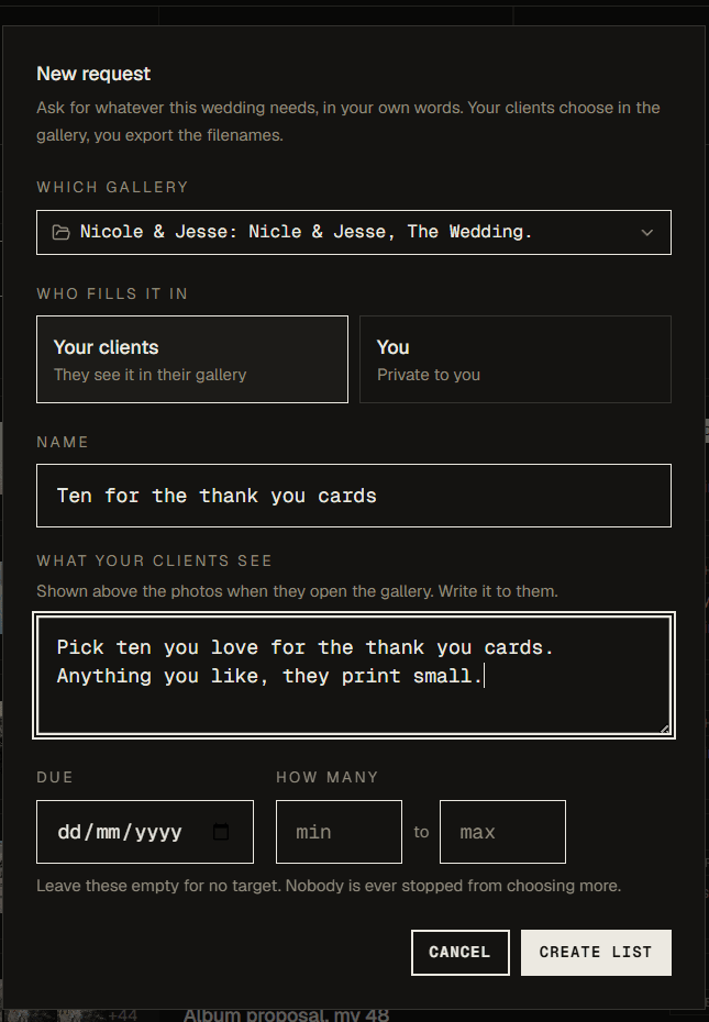 A form for a new photo request, with fields for the gallery, who fills it in, a name, and what the clients see